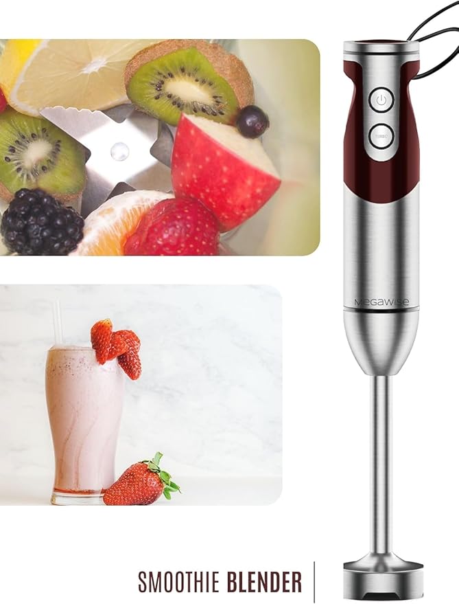 3-in-1 Immersion Hand blender, Powerful MOTOR & Stainless Steel Stick Blender, 4 Sharpe Blades with Whisk, Milk Frother Attachments