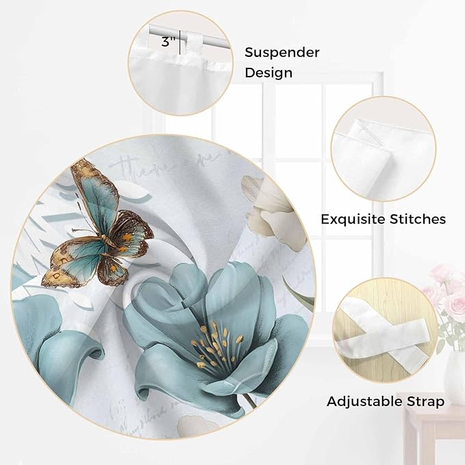Blue Tulips Bedroom Curtains 63 Inch Length, Window Curtains Tab Top, Watercolor Flowers Butterfly Spring Farmhouse Blue Light Filtering Window Treatments Drapes 42"x63" 2 Panel