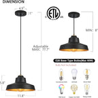 12 Inch Black Pendant Light Fixture,Farmhouse Hanging Lamp Adjustable Height Dome Pendant Lights for Kitchen Island Dining Room,2 Pack
