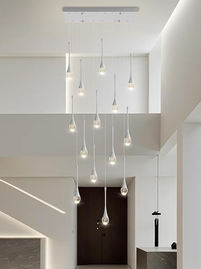 Modern Rectangular Chandelier,14 Lights Silver Raindrop Chandelier Lighting,Industrial Linear Pendant Ceiling Light Fixture for Dining Living Room Kitchen Island