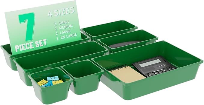 7 Pcs Plastic Drawer Organizer Set,4 Size Small Storage Containers for Organizing Jewelry,Utensil,Junk,Tea,Makeup,Shallow Drawer Organizers Tray Suitable for Office,Desk,Bathroom,Vanity,Kitchen,Green