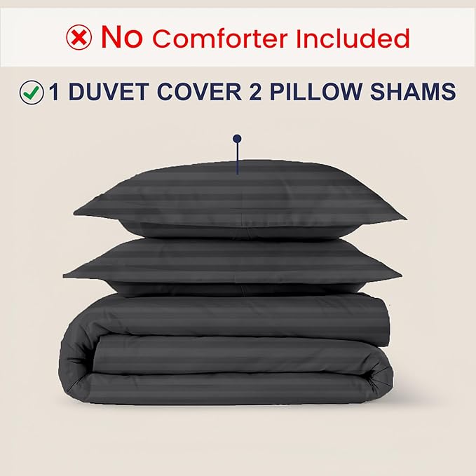 Kotton Culture 120"x120" 3 Pc Super King Plus/Super Oversize King Duvet Cover Set 100% Egyptian Cotton - 600 TC, Zipper Closure & Corner Ties - Fits Only Extra Large Inserts - Striped Dark Grey