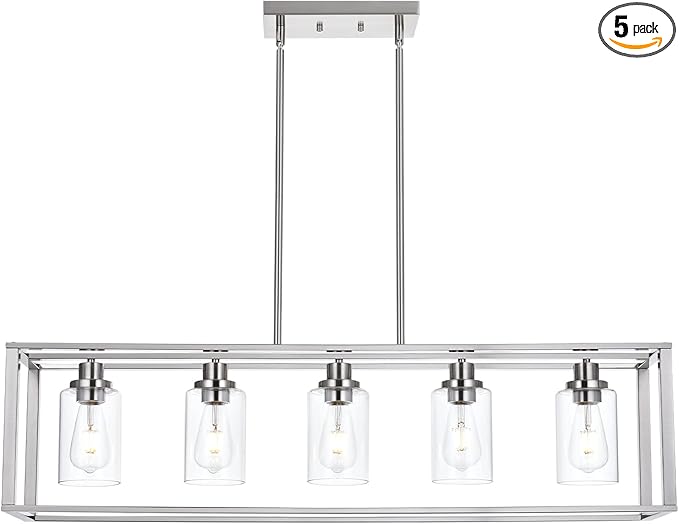 VINLUZ 5 Light Industrial Modern Dining Room Chandelier in Brushed Nickel Finish with Clear Glass Shade Classic Pendant Island Lighting Fixture for Living Room Bedroom