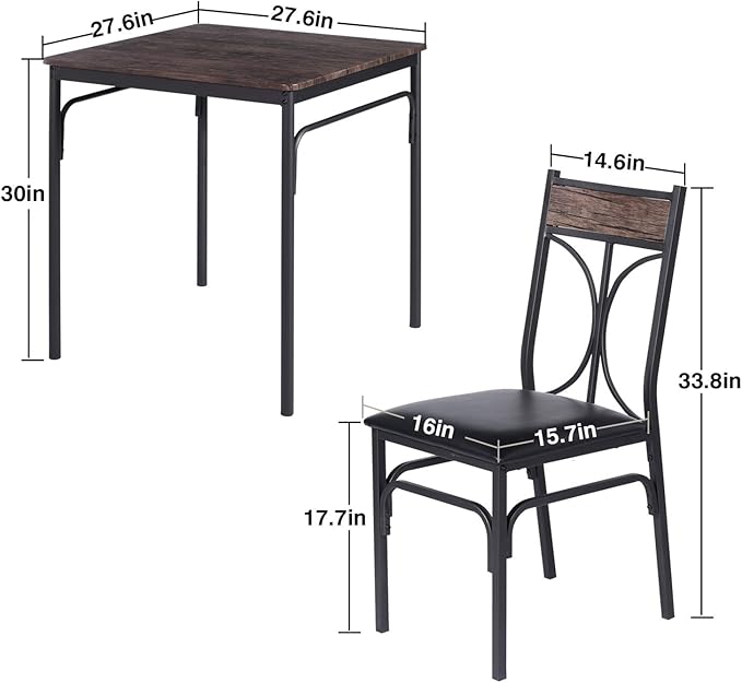 VECELO Kitchen Dining Room Table Set with 2 Chairs for Small Space, Apartment,Metal Steel Frame