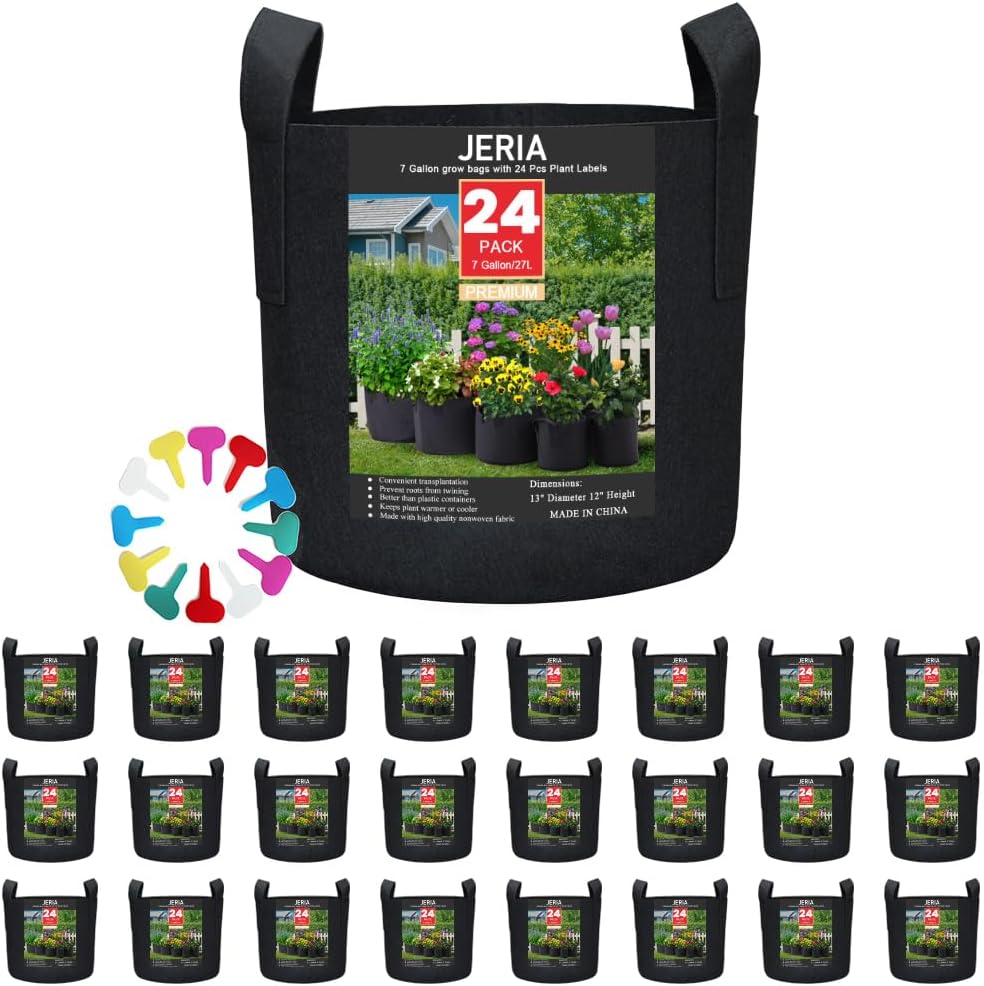 JERIA 24-Pack 7 Gallon Nonwoven Grow Bags, Plant Grow Bags，Heavy Duty Aeration Fabric Pots with Durable Handles, Come with 24 Pcs Plant Labels