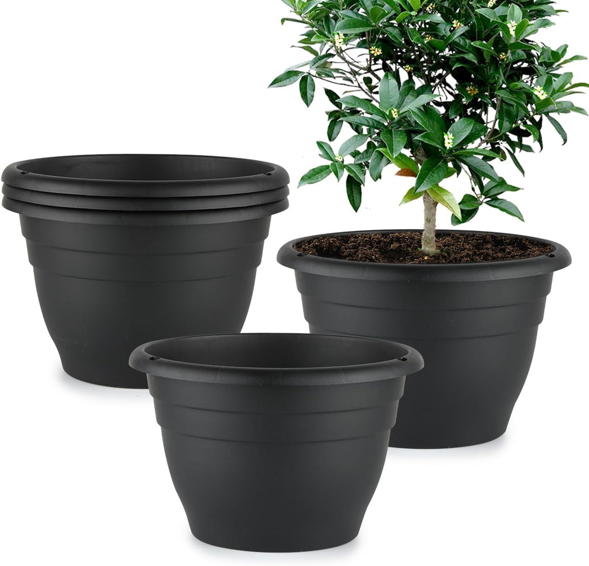 Plant Pots Set of 5, 10" Outside Diameter Flower Pots, 8.5" Inner Diameter Planters with Drainage Hole, Durable Perfect for Indoor & Outdoor Plant Planting, Decor, Black
