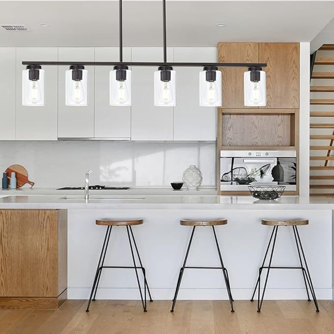 6-Light Kitchen Island Lighting Fixtures, Clear Glass Farmhouse Pendant Lights Hanging Chandelier in Oil Rubbed Bronze for Dining Room Table Cafe Bar