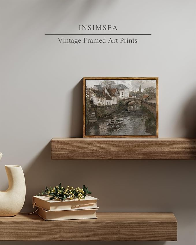 InSimSea Framed Canvas Wall Art Vintage Decor, Room Decor Vintage Scenery Office Home Bathroom Decor Wall Art, Classical Oil Painting Small town near La Panne Canvas Prints, 8"x10"