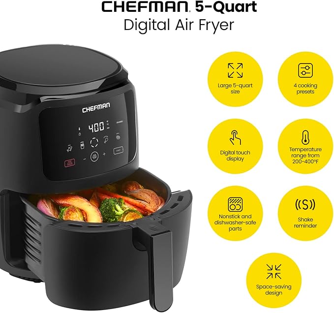 Chefman Digital Air Fryer, Large 5 Qt Family Size, One Touch Digital Control Presets, French Fries, Chicken, Meat, Fish, Nonstick Dishwasher-Safe Parts, Automatic Shutoff, Black