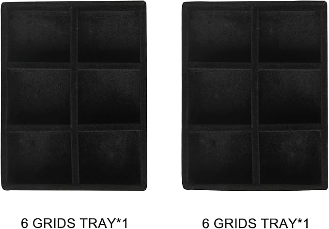 Frebeauty Small Jewelry Tray Set,Stackable Velvet Jewelry Organizer Tray,Mini Jewelry Drawer Organizer,Drawer Inserts,4.92 x 3.74 x 0.9 Inches,6 Grid Earring Organizer for Women(Set 2,Black)