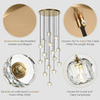 Foyer Crystal Chandelier, 16 Lights Brushed Brass High Ceiling Pendant Chandelier, Modern Cut Crystal Raindrop Entryway Lighting Fixture for Staircase