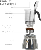 Stovetop Espresso Maker, 3Cup 160ml Moka Pot, Crystal Glass-top & Stainless Steel Coffee Maker Mocha Pot, Greca De Cafe, Cuban and Italian Coffee Maker for Cafetera Cubana