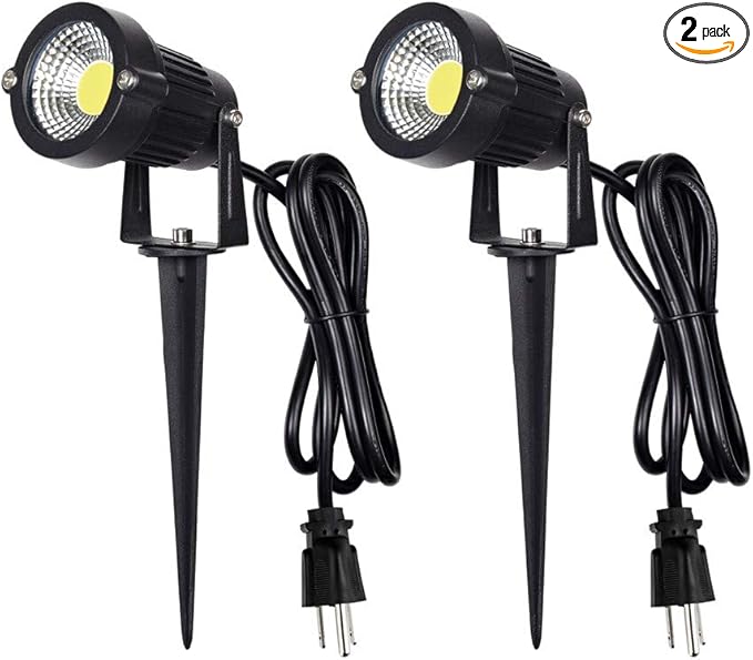 Z Outdoor Landscape LED Lighting 5W Waterproof Graden Lights COB Led Spotlights with Spiked Stand for Lawn Decorative Lamp US 3- Plug 6500K Daylight White Lights (2 Packs)