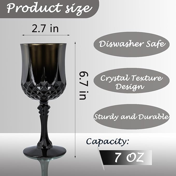 Plastic Wine Glasses，Plastic Goblets Vintage Style Cordial Drinking Glasses for Wedding Reception, Grand Event Party Supplies (12, Black)