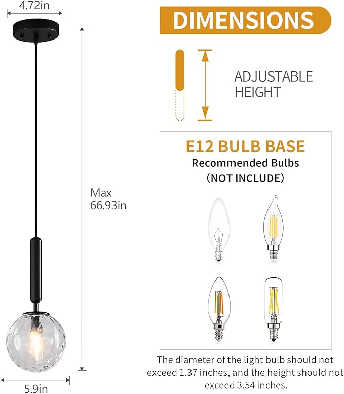 Modern Black Pendant Light Hanging Fixture Light for Kitchen Island Mid Century with Globe Pendant Light Clear Glass Pendant Lighting for Living Room Bedroom Entryway (2 Pack)