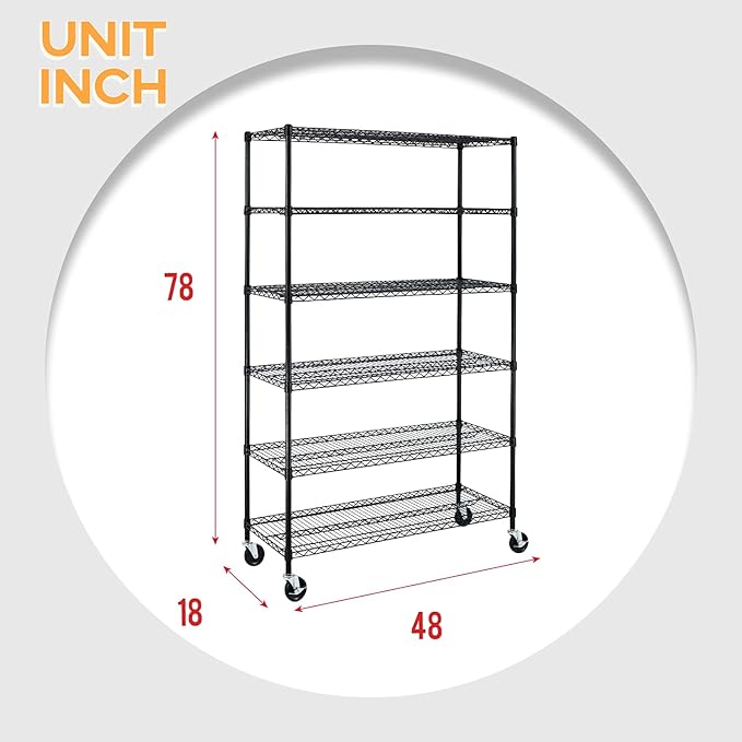 BestOffice NSF Wire Shelving Unit 6-Shelf Large Storage Shelves Heavy Duty Metal Wire Rack Height Adjustable Commercial Grade Utility Storage Rack on 4" Casters 6000LB Capacity 18x48x76,Black