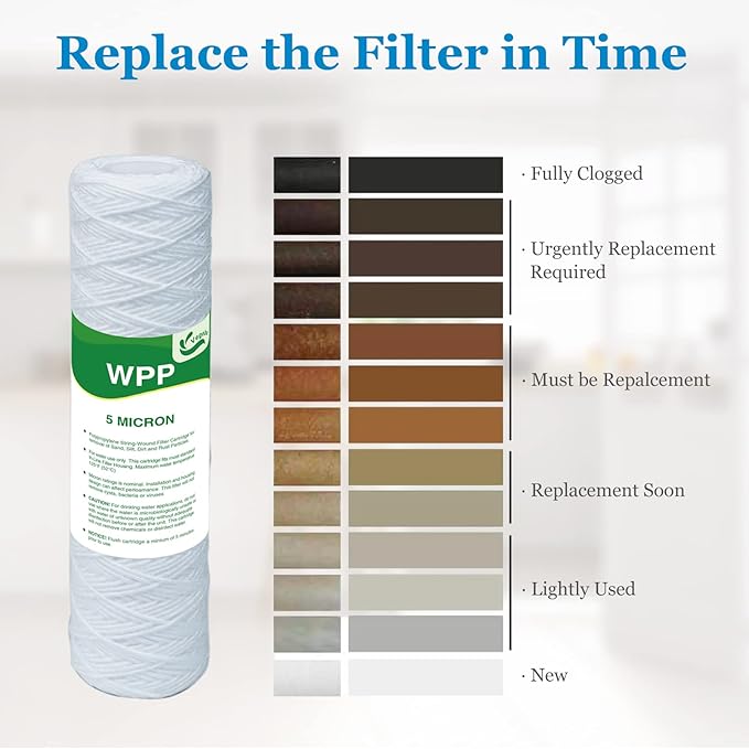 5 Micron String Wound Whole House Water Filter 10" x 2.5", 10-inch Universal Sediment Pre-Filters for Well Water, Replacement Cartridge for FXWSC, CW-F, CW-MF, 1SS, W5W, AO-WH-PRE-R2, 6-Pack