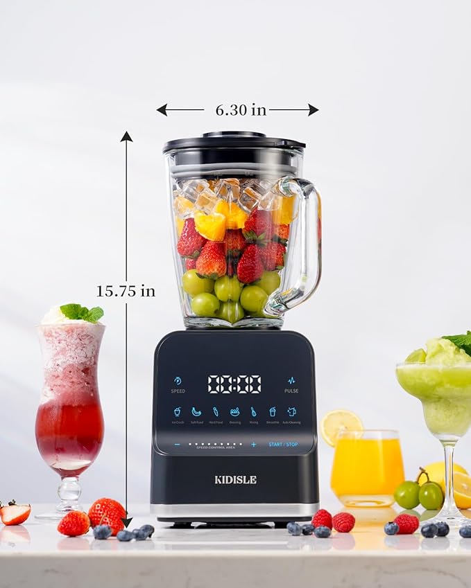 1200W Professional Smoothie Blender for Shakes, 52oz Glass Jar, Ice Crush, Puree, 9-Speed Touchscreen with Pulse & 7 Functions, Black