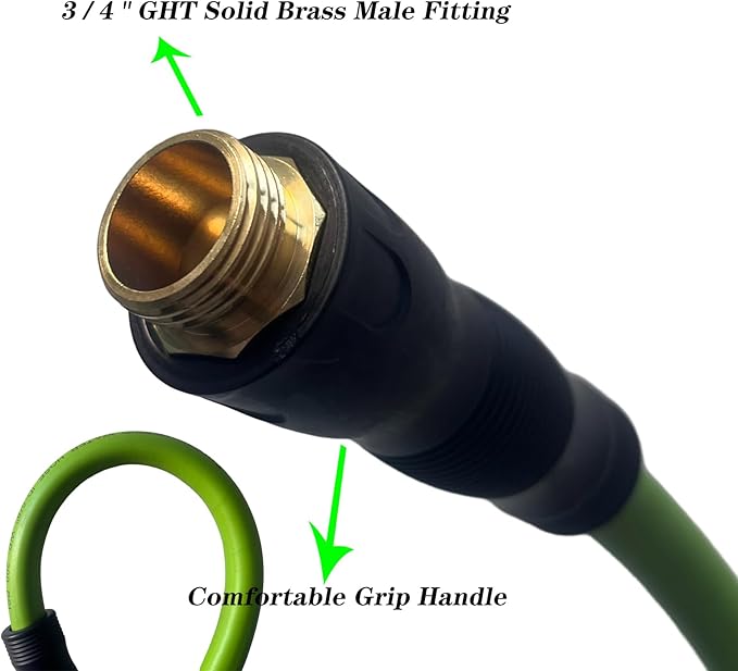Garden Hose 5/8 in x 15 ft, Hybrid, No Kink, Heavy Duty, Lightweight, Flexible, Male Female Fittings, Handle & 3/4" GHT Solid Brass, 200 PSI (15FT, Green Black)