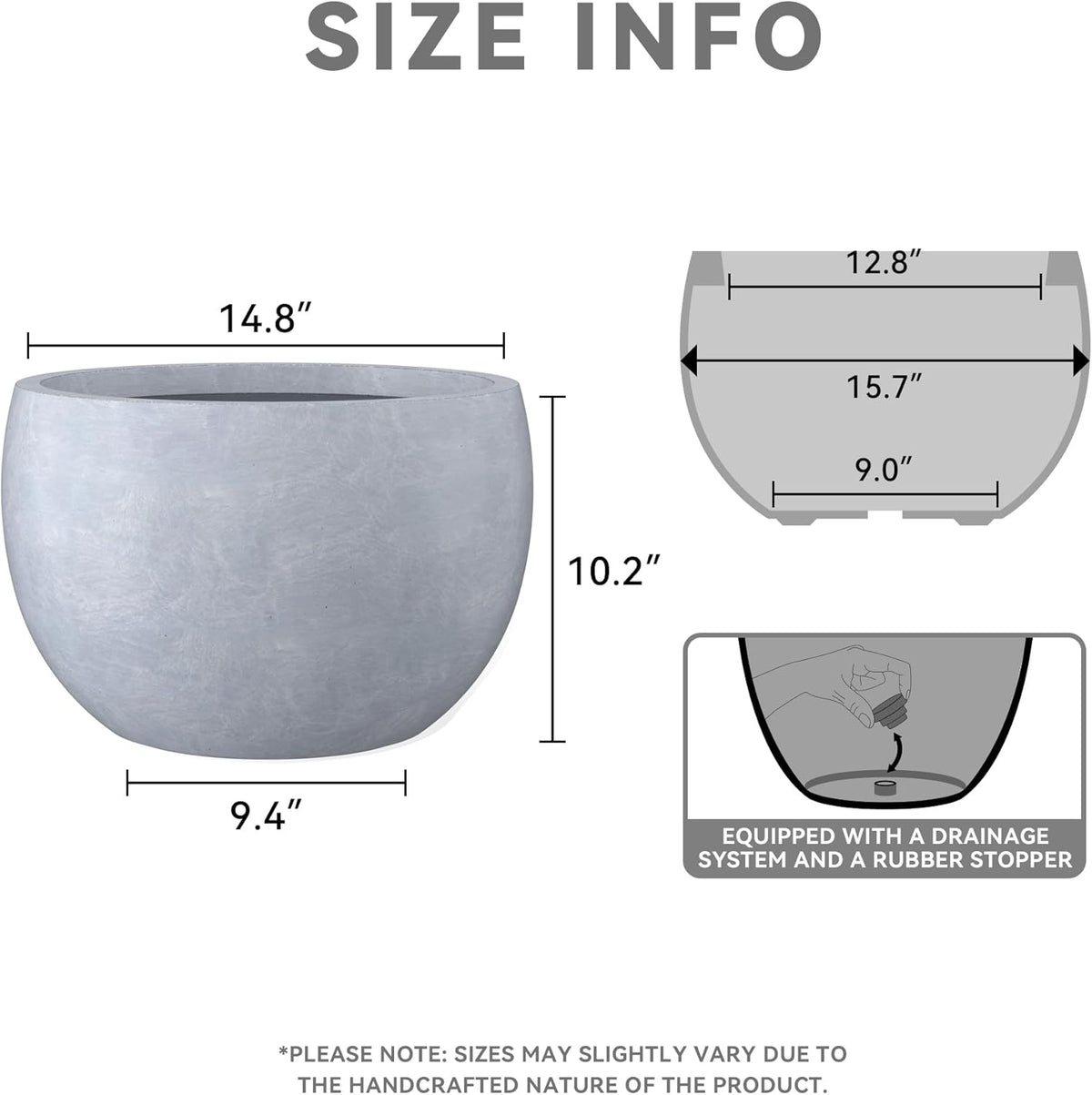 Kante 15.7" Dia Round Concrete Planter, Outdoor/Indoor Large Bowl Plant Pots with Drainage Hole and Rubber Plug for Garden Patio Balcony Home, Slate Gray