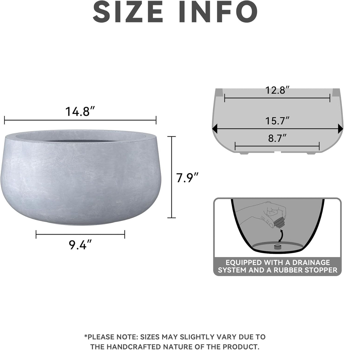 Kante 15.7" Dia Round Concrete Planter, Outdoor Indoor Garden Plant Pots with Drainage Hole and Rubber Plug, Modern Curvaceous Design, Slate Gray