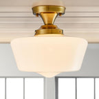 Schoolhouse Light Fixture Modern Gold Ceiling Light,Semi Flush Mount Ceiling Light,12''Wide Opal Milk Glass Shade,Brass Vintage Light for Farmhouse Bedroom Kitchen Hallway Entryway