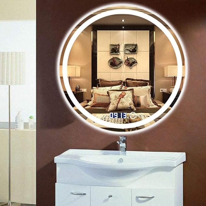 Round Waterproof LED Bathroom Wall Makeup Mirrors with White Light Sensor Touch Control and Demister Pad (Color : with Frame Size : 70cm) (with Frame 70cm)