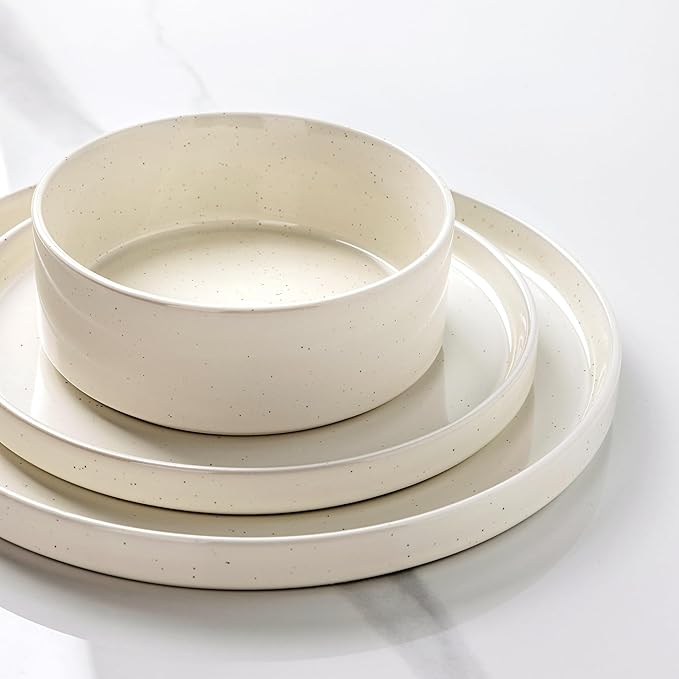 GBHOME Dinnerware Set for 4, 12 Piece Speckled Plates and Bowls Set with Glazed Bottom, Chip & Scratch Resistant Stoneware Plates Sets, Dishwasher & Microwave Safe Dishes (Light Beige, Service for 4)
