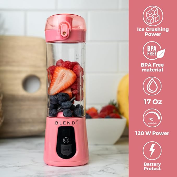 BLENDi Pro+ Portable Blender (17.5oz, Blush) – Upgraded 120W Motor, USB-C Rechargeable, Cordless Personal Blender – BPA-Free, Self-Cleaning, Travel-Friendly New 2025 Model