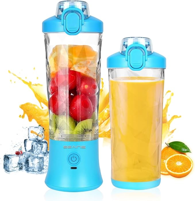 Portable Blender for Shakes and Smoothies With 20 Oz Travel Cup and Lid, Mini Personal Size With 6 Blades and USB Rechargeable for Gym, Kitchen and Outdoors (Blue)