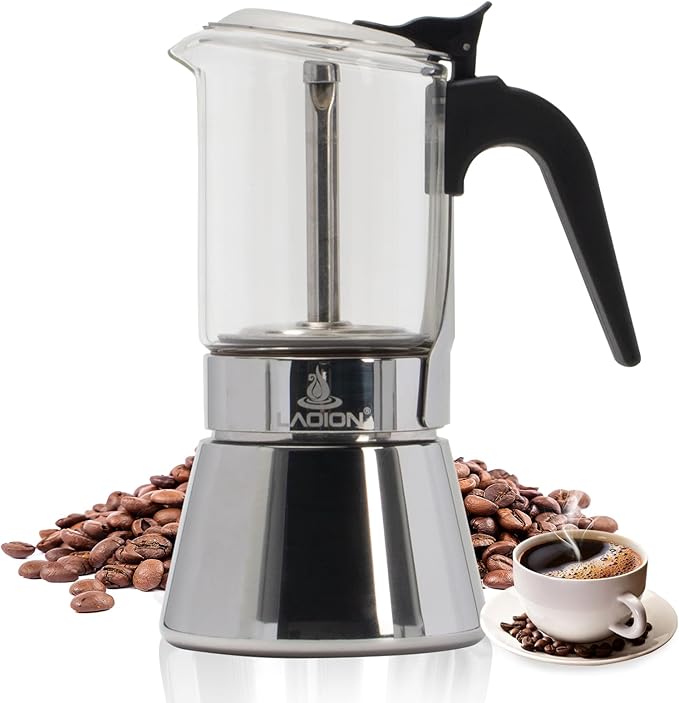 Stovetop Espresso Maker, 3Cup 160ml Moka Pot, Crystal Glass-top & Stainless Steel Coffee Maker Mocha Pot, Greca De Cafe, Cuban and Italian Coffee Maker for Cafetera Cubana