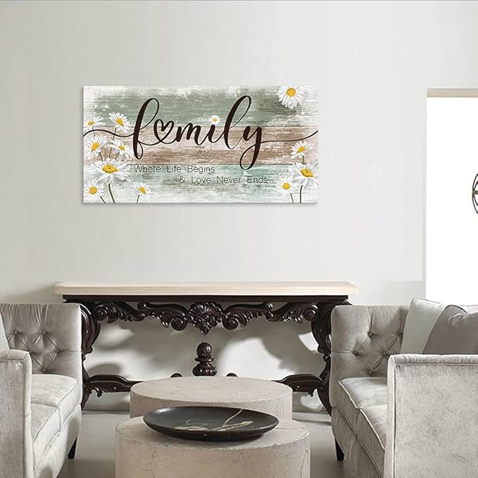 Canvas Wall Art Family Where Life Begins and Love Never Ends Inspirational Pictures Living Room Sign Wall Decor Rustic Farmhouse Motivational Canvas Prints Vintage Wooden Board Daisy Artwork 20 "x40 "