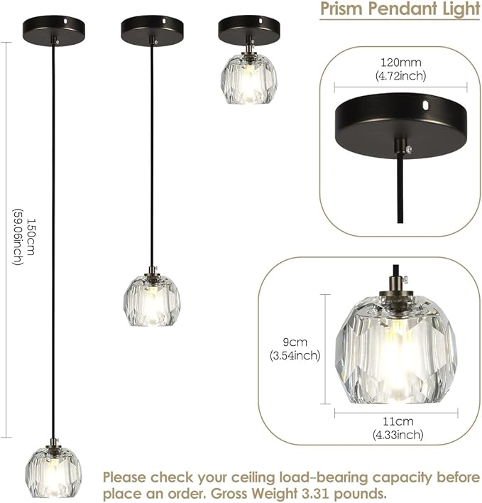 Modern Pendant Light Fixture, Prism Crystal Small Pendant Light for Kitchen Island, Black Crystal Single Pendant Lighting for Dining Room Bedroom