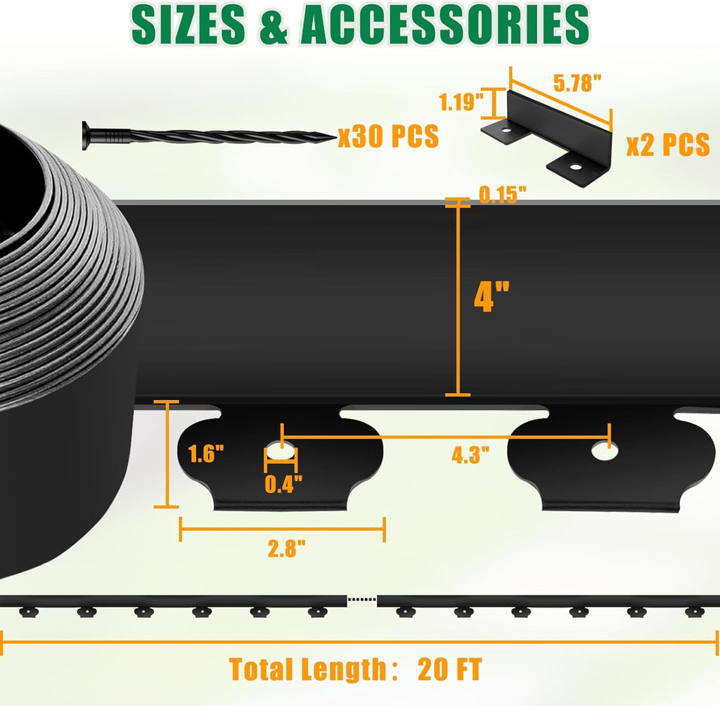 Landscape Edging Border - 4” x 20’ Edging for Landscaping with 30 Stakes, 0.15" Thick No Dig Lawn Edging for Garden Border, Flexible Flower Bed Edging Borders with Connector for Yard, Walkway