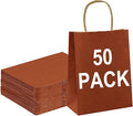 BAG BOX 50 Pack Small 5.9x3.1x8.25 Inch Orange Kraft Paper Gift Bags with Handles for Bulk Shopping, Retail, Craft, Party Favors, Wedding, Grocery & Sacks