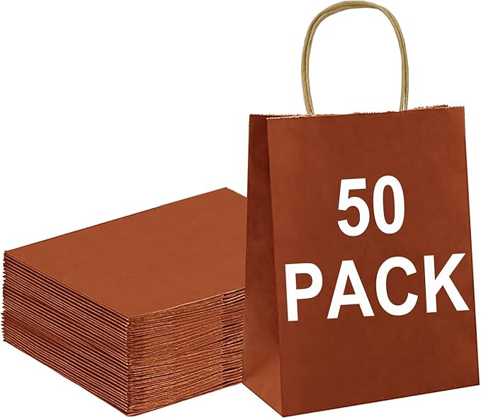 BAG BOX 50 Pack Small 5.9x3.1x8.25 Inch Orange Kraft Paper Gift Bags with Handles for Bulk Shopping, Retail, Craft, Party Favors, Wedding, Grocery & Sacks