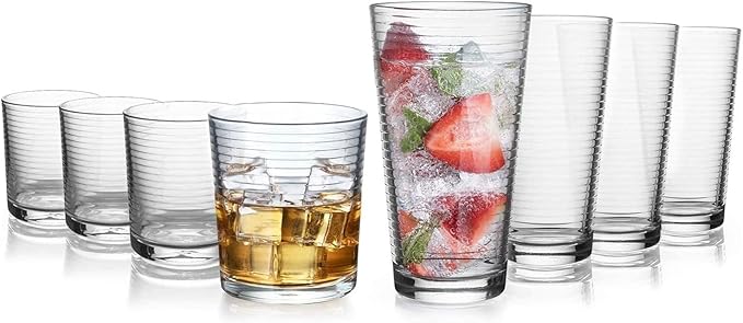 Glaver's Drinking Glasses Set of 12. Everyday Mixed Drinkware Set. 6, 17 oz Tall Kitchen Glass Cups, 6,13 Oz Rocks Whiskey Glasses. Heavy Duty Ribbed Glassware Set for Cocktail Beer, Juice, Water.