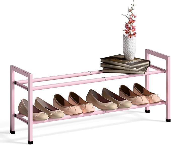 Bumusty 2-Tier Expandable Shoe Rack for Closet, 18“-33” Adjustable Shoe Rack for Small Space, Small Shoe Organizer for Front Door, Sturdy Metal, Pink