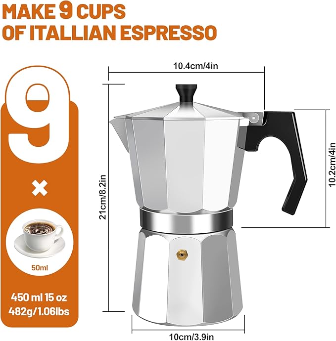 9 Cup Aluminum Espresso Stovetop Moka Pot Express Coffee Maker Percolator Italian Classic Mocha Coffee Machine for Italian and Cuban Cafe Brewing for Home & Camping 450ml 15oz