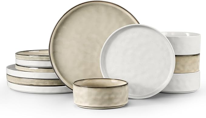 LIANYU Plates and Bowls Dinnerware Sets, 12 Piece Stoneware Dishware Set for 4, Dish Tableware Sets Includes Dinner Salad Plates Cereal Bowls, Chip & Scratch Resistant, Polar White & Sandy Beige
