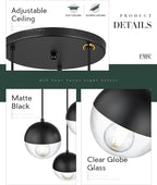 LMS Modern 3-Light Cluster Pendant Lights, Matte Black Kitchen Island Light Fixtures with Clear Globe Glass Shade, Adjustable Hanging Light for Bathroom Bedroom Dining Room Living Room, LMS-186BKC3