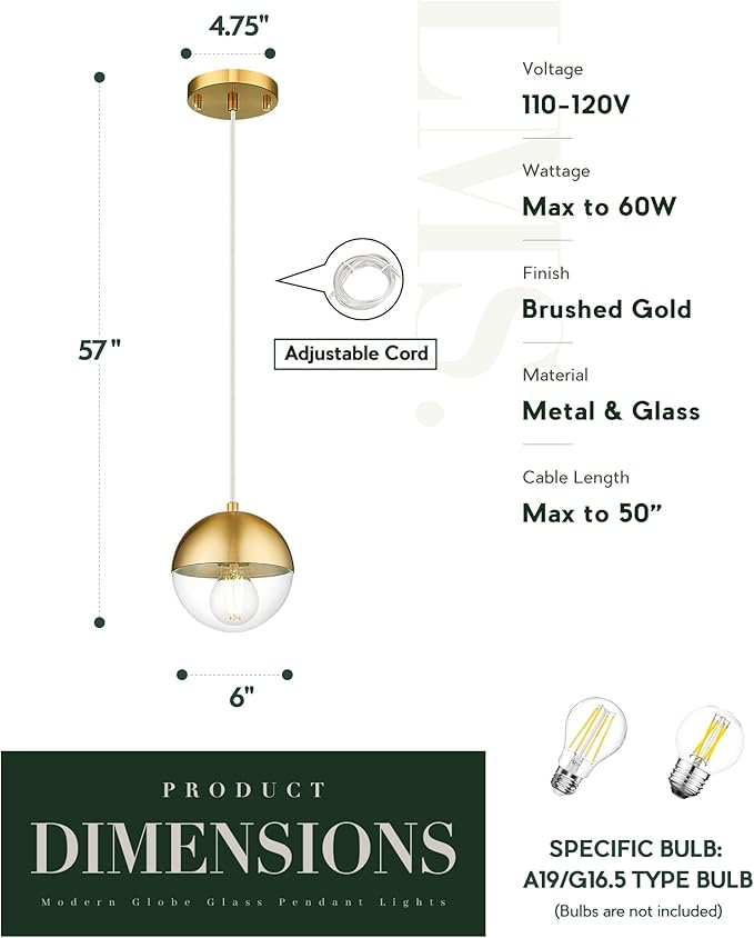 LMS 6-inch Modern Pendant Light, Brushed Gold Industrial Kitchen Island Pendant Light with Clear Globe Glass, Adjustable Hanging Pendant Light Fixtures for Dining Room Living Room, LMS-186BGCS