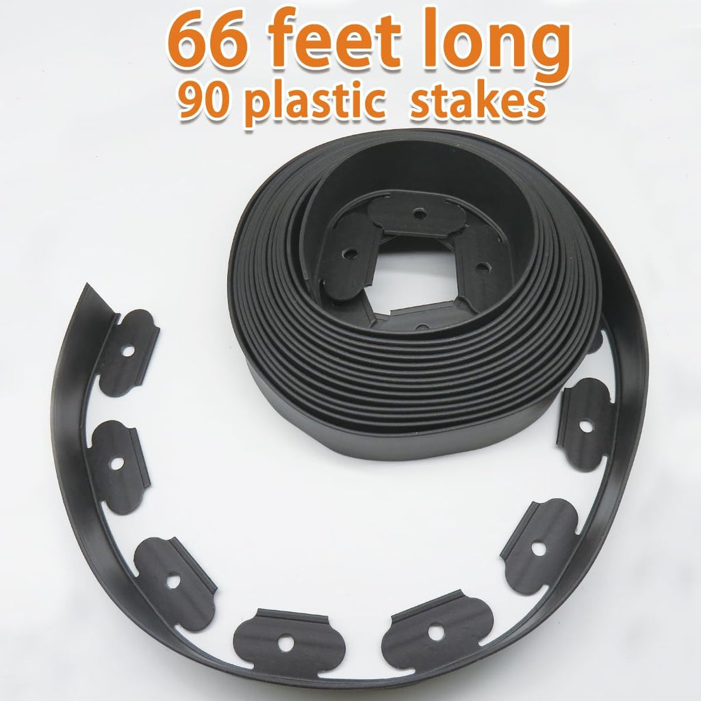 Landscape Edging Border, Plastic Edging for Landscaping, Garden Edging Border,Lawn Edging no dig,Garden Borders,Flower Bed Edging,Rubberific Landscape Edging, (Plastic Stakes, Black-66feet)