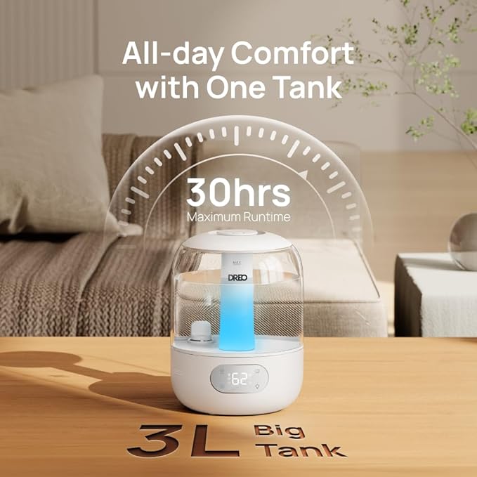 Dreo Humidifiers for Bedroom, 3L Top Fill 30H & 26dB Quiet Runtime for Large Room, Cool Mist Ultrasonic Humidifier with Humidity Sensor, Night Light for Home, Baby, Nursery, Plants, 360° Nozzle, White