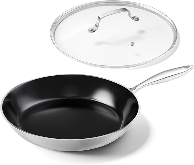 Stainless Steel Frying Pan with Lid 12 inch Titanium Ceramic Nonstick Frying Pan,Skillet with Stay-Cool Handle Non Toxic Healthy Ceramics Egg Pans,PFAS PFOA PTFE Free,Suitable for All Stove