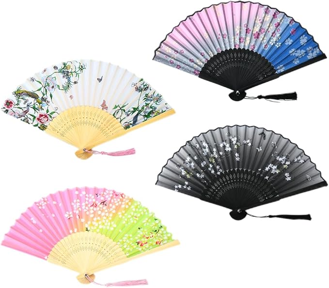 HUNANBANG 4 Pieces Oriental Bamboo Folding Hand Fans Church Wedding Gift, Party Favors, DIY Decoration Gift Size 8 1/4" Wholesale 10pack (Bamboo Assorted 4pack)