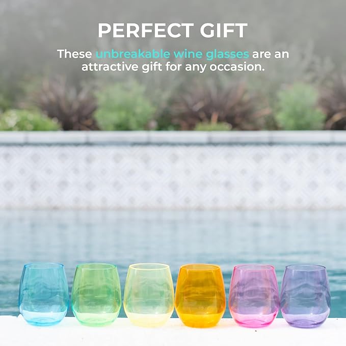 Acrylic Colored Wine Glasses Set of 6 BPA-Free Plastic, Tritan & acrylic Stemless wine glasses- Dishwasher Safe Unbreakable Glass for Indoor & Outdoor Plastic Glass for Wine & Water(Bright)