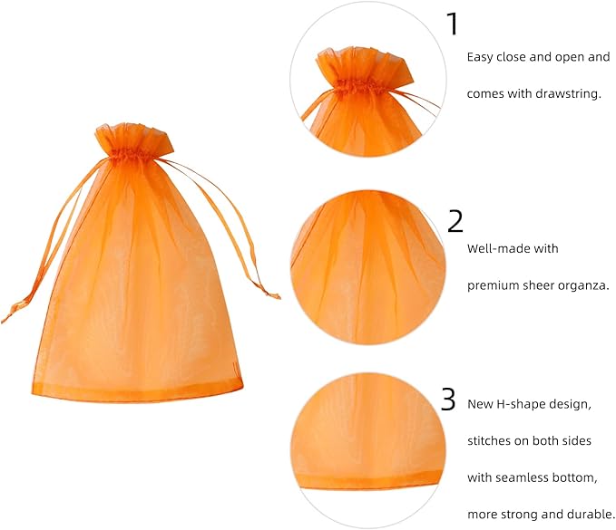 Wudygirl 100PCS 5X7 Inch Organza Bags - Jewelry, Drawstring, Sheer Organza Bags for Halloween, Christmas, Parties, Weddings, Baby Showers (Orange 5X7)