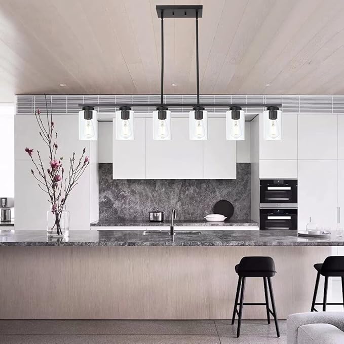 Black 6-Lights Kitchen Island Light with Clear Glass Shades, Farmhouse Hanging Pendant Light Fixture for Farmhouse Dining Room Living Room