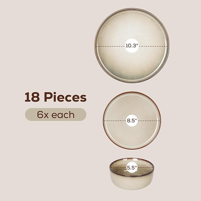 Romswi Ceramic 18Pcs Dinnerware Sets,Stoneware Plates and Bowls Set for 6, Chip & Scratch Resistant Dish Set, Handmade Reactive Glaze Plate Set, Oven, Microwave & Dishwasher Safe,Wheat Green